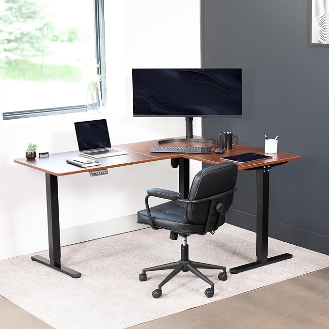 VIVO Electric Corner 63 x 47 inch L-Shaped Standing Desk, Memory Height Adjustment, Dark Walnut Top Black Frame, DESK-E3CTD-47