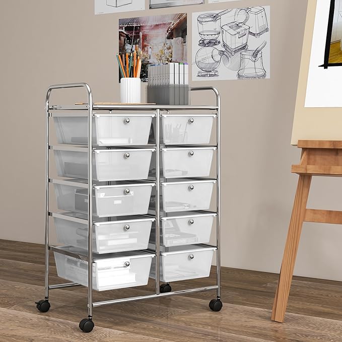 GOFLAME 10-Drawer Rolling Storage Cart, Art Craft Storage Organizer on Wheels, Multipurpose Movable Utility Cart for School, Office and Home, Clear