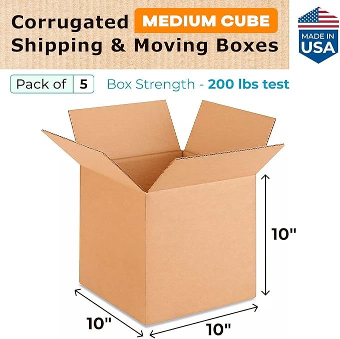 IDL Packaging Cube Corrugated Shipping Boxes 10"L x 10”W x 10"H (Pack of 5) - Excellent Choice of Sturdy Packing Boxes for USPS, UPS, FedEx Shipping,B-101010-5