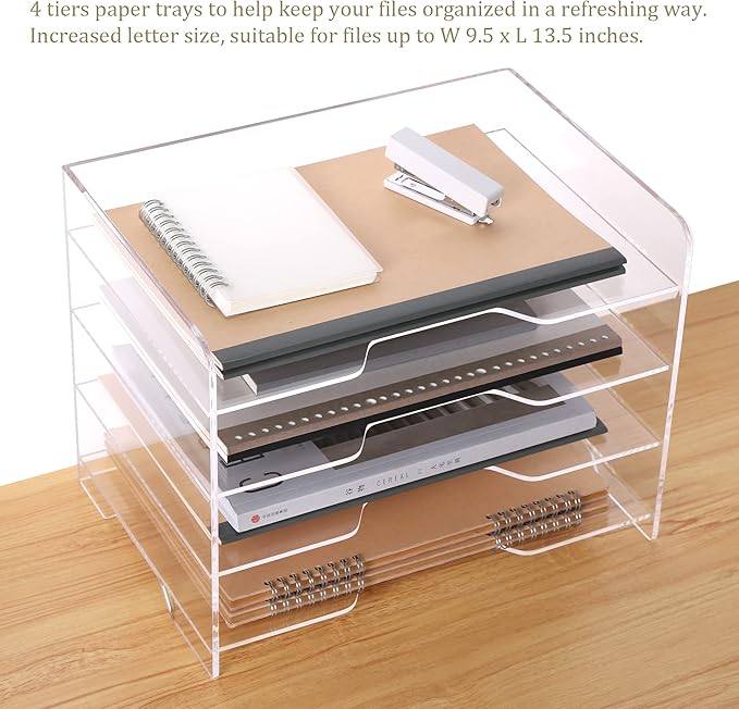 HeZone Acrylic Desk Organizer, 4 Tier Paper Tray, Clear Letter Tray, Office Accessories