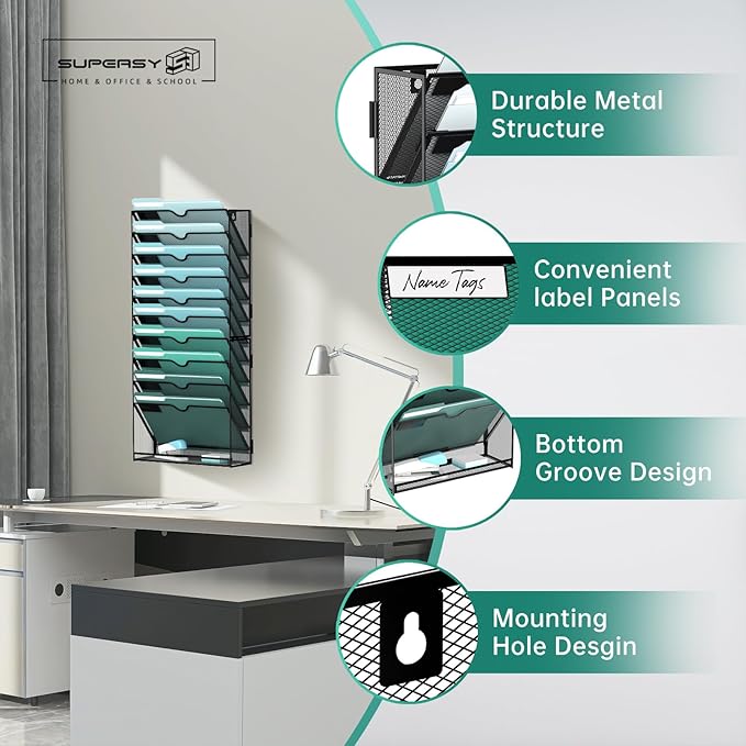 SUPEASY 11-Tier Wall File Organizer, Hanging Wall Files for Papers, Folders, Magazines, Wall Organizer for Clipboard, Assembly Needed, Black, 2 Pack