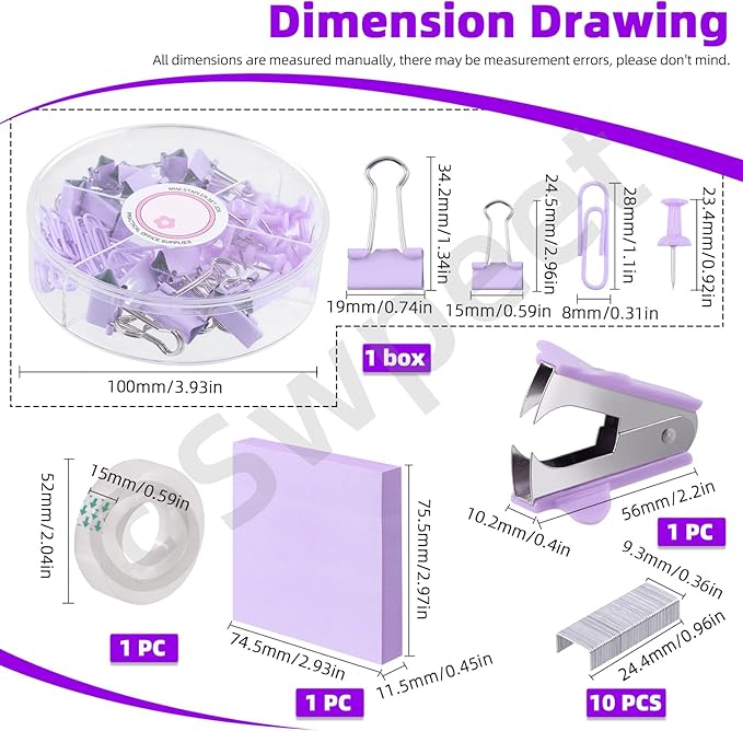 Swpeet 9Pcs Purple Office Supplies Kit, Desk Accessories Including Stapler, Tape Dispenser, Staple Remover, Tabs, Scissors, Staples, Tape, Clips and Sticky Note Ideal for Office and School