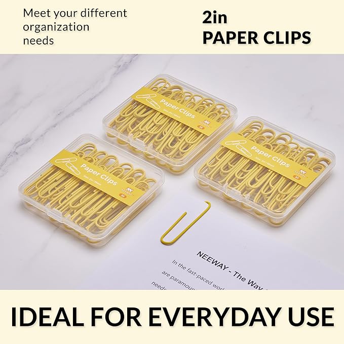 NEEWAY Colorful Large Paper Clips, 2 Inch Jumbo Paper Clips, 150 Count, 3 Pack of 50 (Yellow)