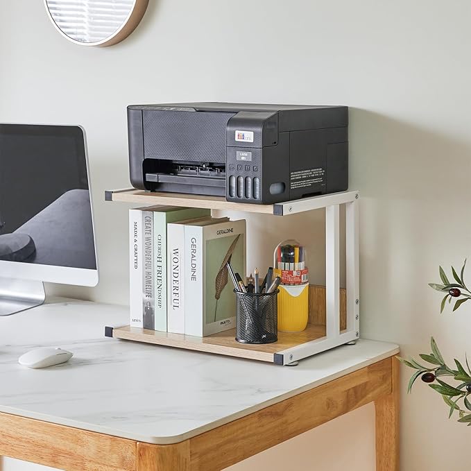 IBUYKE Under Desk Printer Stand, 2-Tier, Mobile Home Desktop Organizer Shelf with 4 Wheels, for Printer, Fax, Home Office Use, Light Wood UTLJ007R