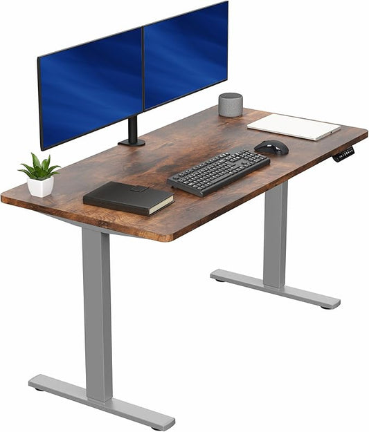 VIVO Electric 55 x 28 in Standing Desk, Memory Height Adjustment, 1B Series, Holds 220 lbs, One-Piece Rustic Vintage Brown Top, Gray Frame, DESK-KIT-1G55N
