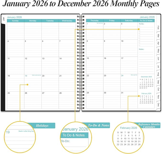 2026 Planner - Planner 2026 from January 2026 to December 2026 with 12 Monthly Tabs, Flexible Cover, Inner Pocket, 8.5" x 11", Black-A