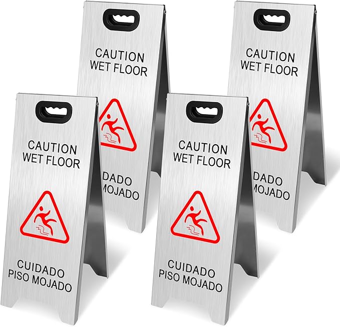 Kerty 4 Pack Stainless Steel Wet Floor Sign, 24 Inch Caution Wet Floor Sign Portable Foldable Bilingual Safety Warning for Hotel Market Restroom Restaurant Office (Silver)