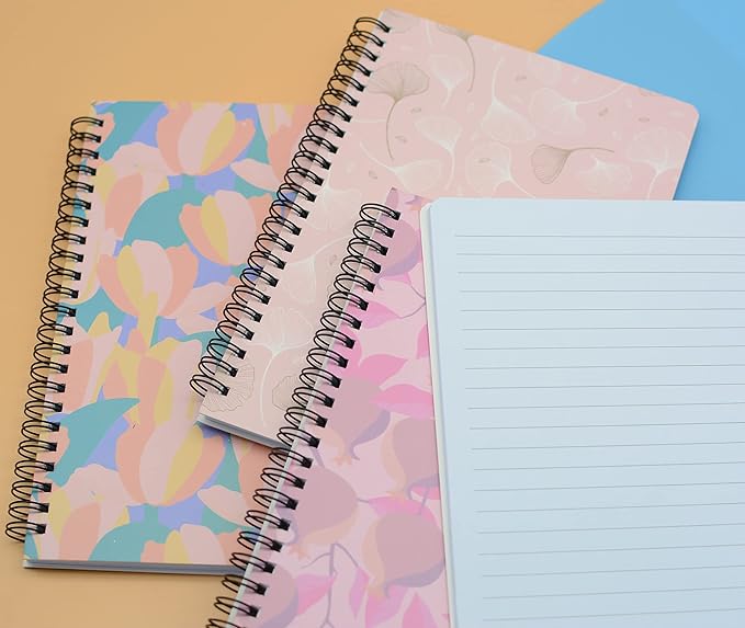 Yansanido Spiral Notebook, 4 Pcs A5 Thick Leaves Design Hardcover 8mm Ruled 4 Color 80 Sheets -160 Pages Journals for Study and Notes (Leaves)