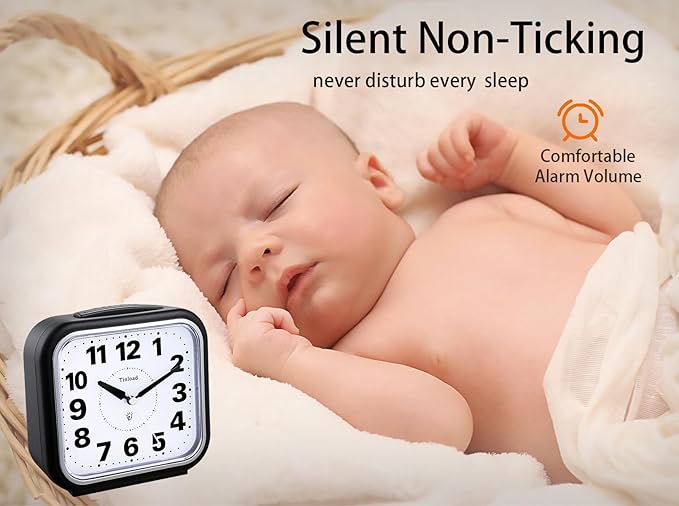 Tinload 5.5" Large No Ticking Analog Alarm Clock,Silent Readable for Seniors,Easy to Set,Gradual Rise Alarm,Big Numbers,Gentle Wake,Snooze, Lighted on Demand,Battery Operated,Black