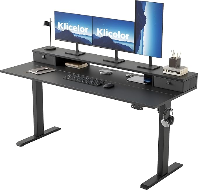 Klicelor 63 Inch Electric Standing Desk with Drawers, Adjustable Height Small Sit Stand Desk for Home Office, Compact Computer Workstation with Storage– Black