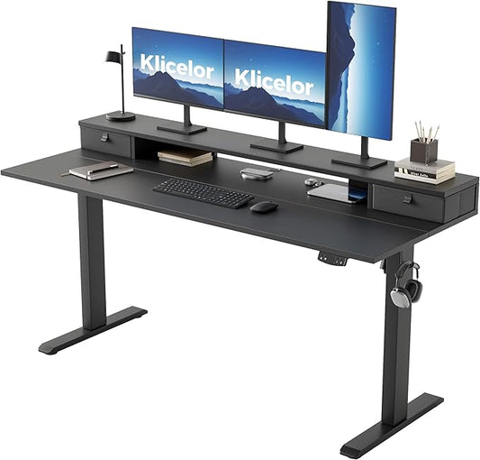 Klicelor 63 Inch Electric Standing Desk with Drawers, Adjustable Height Small Sit Stand Desk for Home Office, Compact Computer Workstation with Storage– Black