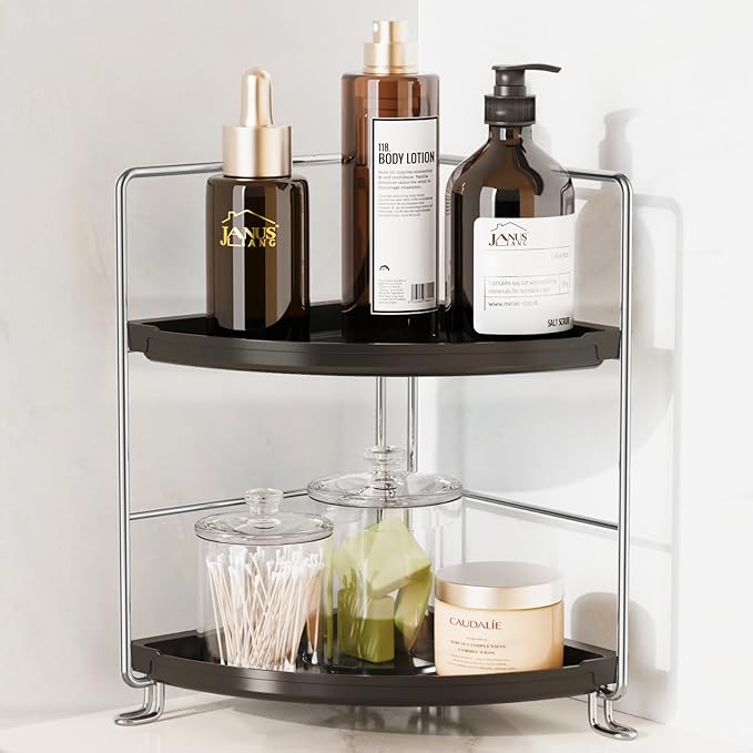 JANUS LiANG 2-Tier Bathroom Organizer Countertop Corner - Makeup Organizer Cosmetic Perfume Holder Bedroom Storage Shelf or Kitchen Spice Rack (Chrome + Black)