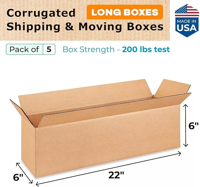 Long Moving & Shipping Boxes 22 x 6 x 6 inches (5-Pack) - Extra Strength 200 lb vs Regular - Corrugated Heavy Duty Cardboard Boxes - Box for Packaging&Delivering - Long Box by IDL Packaging
