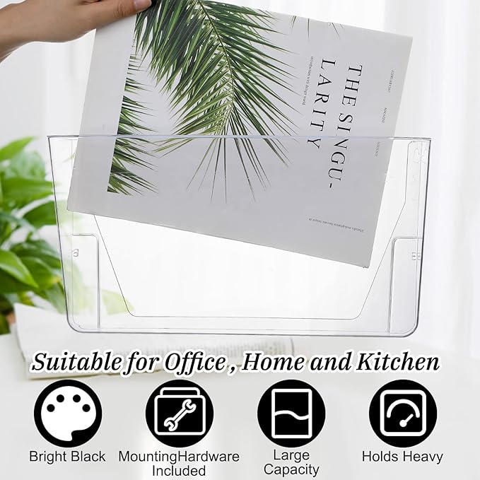 Tenceur 12 Pcs Plastic Single Pocket Wall Mount File Holder with Double Sided Adhesive Tape and Screws Wall File Hanging Folder Letter Paper Mail Organizer for Office Home Classroom (Clear)
