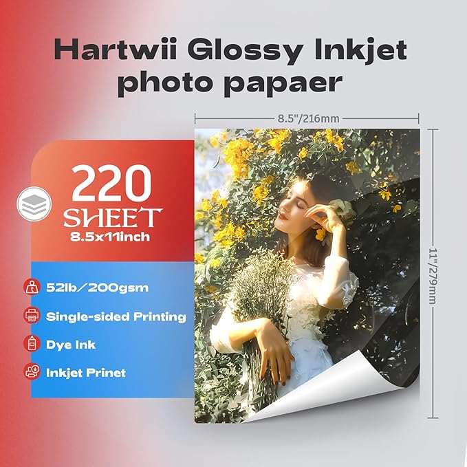 HARTWII 220 Pack Photo Paper Glossy Inkjet 8.5x11 inches 52lb 200Gsm Letter Size for Dye Ink Printers