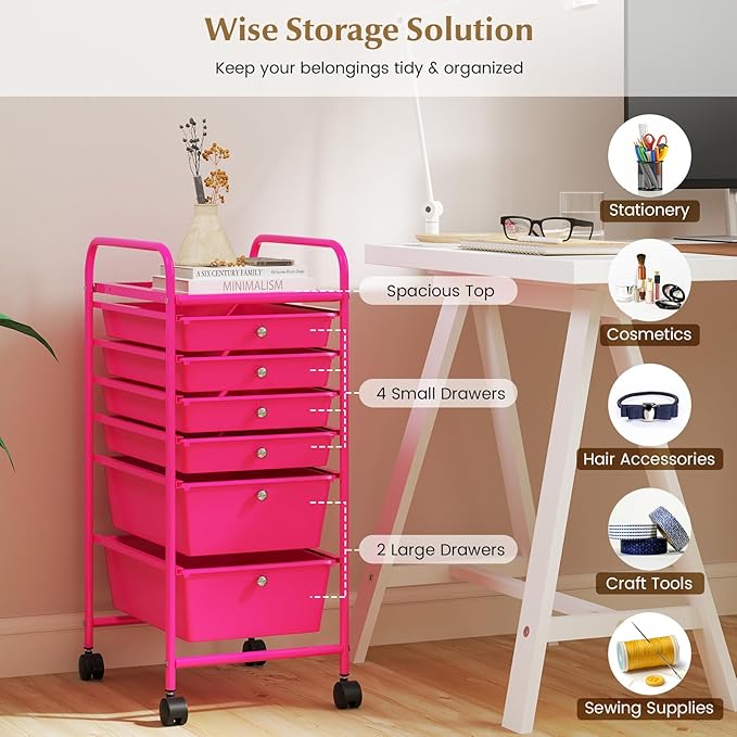 RELAX4LIFE 6-Drawer Rolling Storage Cart - Classroom Organization on Wheels w/Removable Plastic Drawers, Mobile Art Craft Cart for School Paper Home Office, Utility Cart with Drawers (Pink)