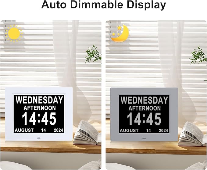 TMC 8 Inch Dementia Clock for Seniors - Medication Reminders, 12 Custom Alarms, Auto-Dimming Large Display Digital Calendar with Multi-Language Support USB Photo & Video Playback, Wall or Desk Mount