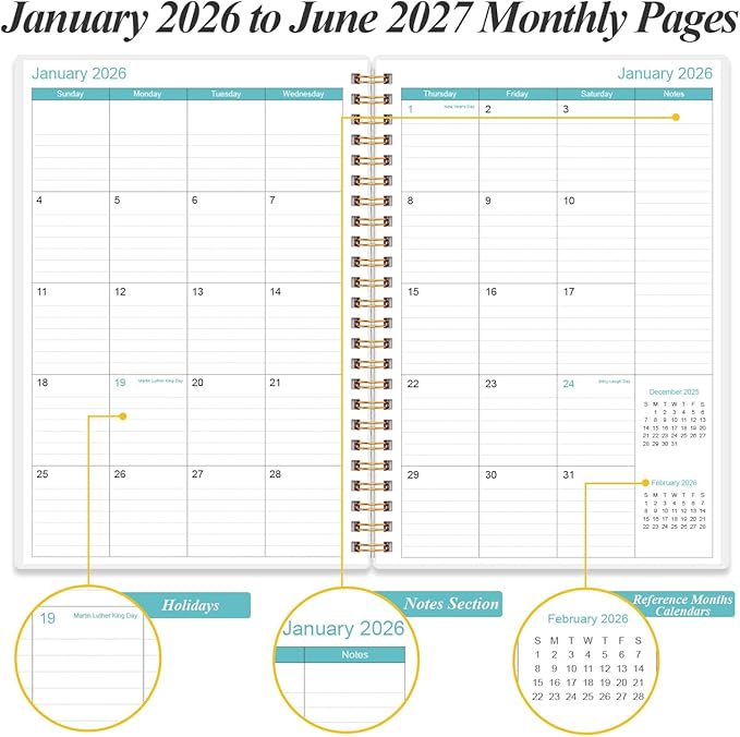 2026-2027 Planner - 18 Months Weekly & Monthly Planner from January 2026 - June 2027, Spiral Planners 2026-2027 with Elastic Closure, Inner Pocket, Medium 5.8" x 8.3", Teal Flower