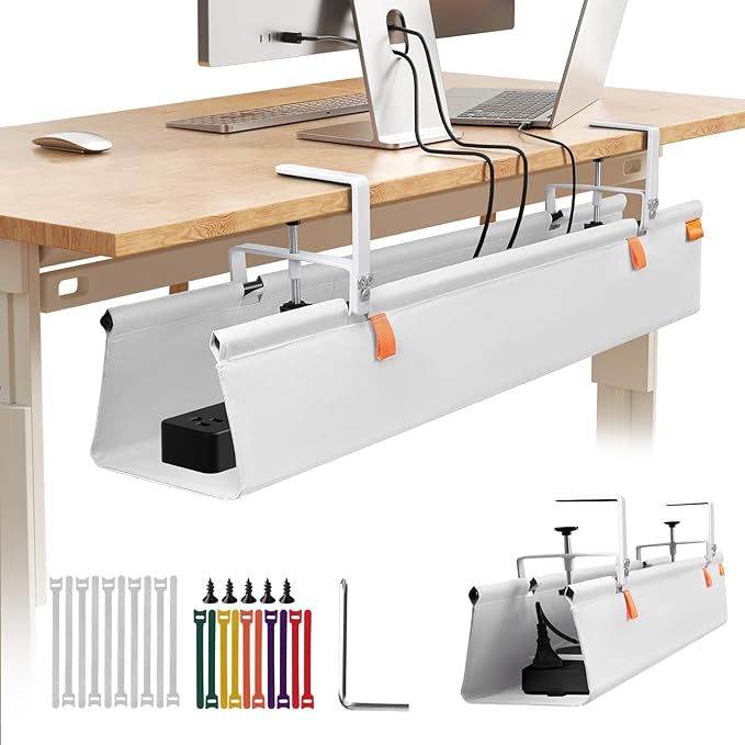SUREUP9 No Drill Under Desk Cable Management Tray, 36" Cord Organizer with Clamp, Fabric Cable Management for Standing Desks, Ideal for Home & Office - White