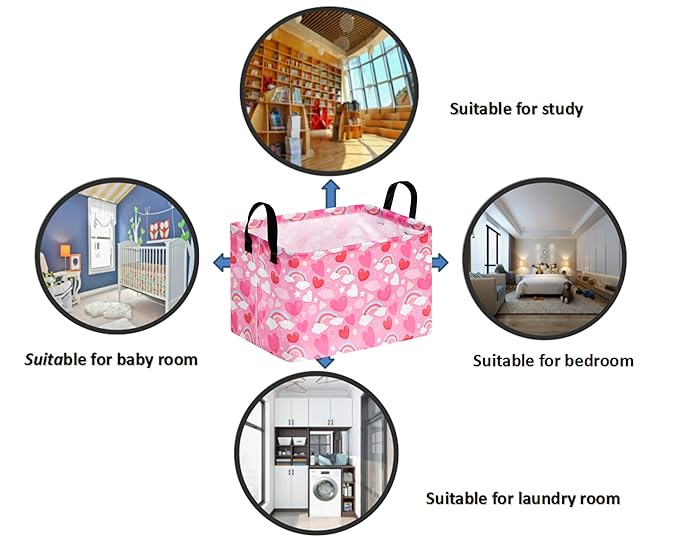 FUULOXE Rectangular Valentines Basket Storage Bin for Shelves Girls Gifts Baskets Foldable Box with Handles for Home Office Car Dormroom Valentine's Day Party Supplies