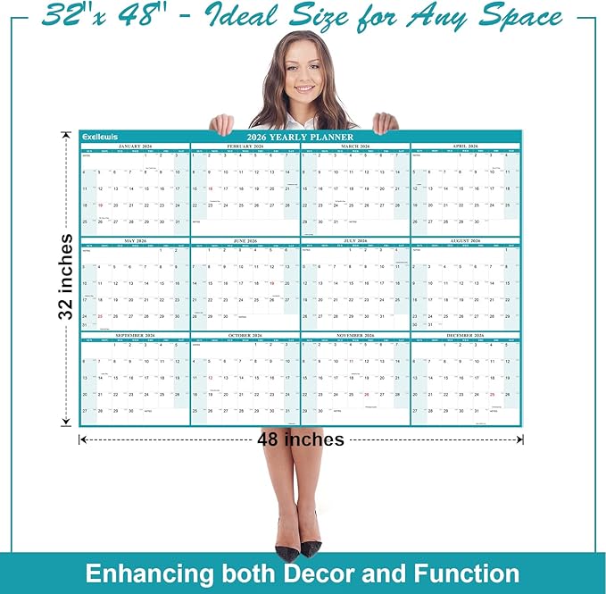 32" x 48" Exellewis 2026 Wall Calendar Erasable, Wet & Dry Erase Large Laminated Annual Yearly Planner - 12 Month Horizontal/Vertical Calendar January to December for Easy Planning, Organizing