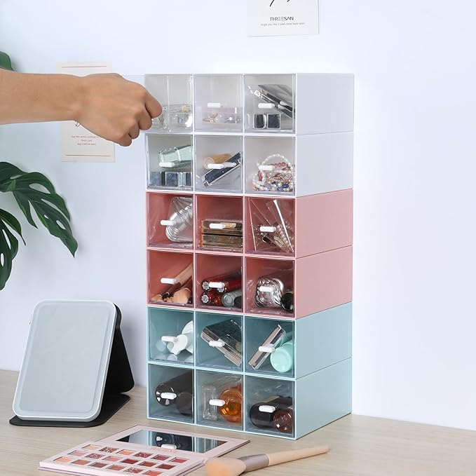 OSteed Desktop Drawers, Desk Organizer with 9 Drawers, Stackable Plastic Storage Box for Home Collection, Cosmetics, Jewelry, Office Supplies (3 Tiers, White)