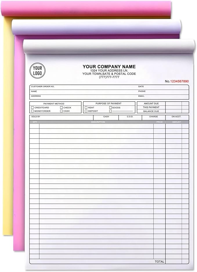 Custom Invoice Book with Logo 50 Set Personalized Receipt Books Customized Invoices for Small Business 3 - Parts Carbonless Duplicate Invoice Forms NCR Books