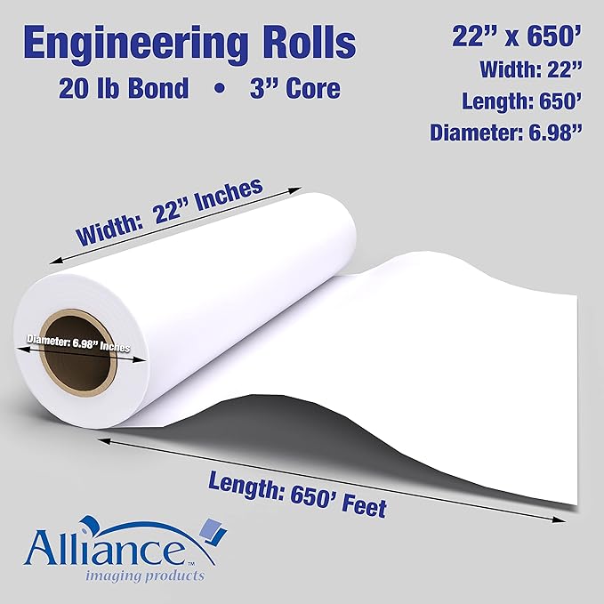 Alliance Wide Format Paper Rolls Bond Engineering (20lb | 2 Rolls, 22 In x 650 Ft | 3" Core)