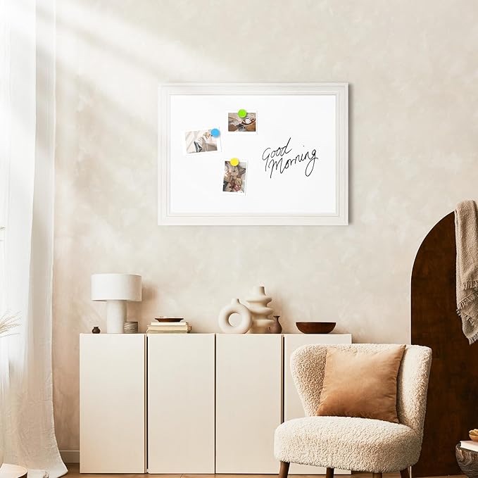 White Board for Wall, 24'' x 18'' Magnetic Dry Erase Board, Decorative Whiteboard with White Vintage Wooden Frame, Hanging Writing Board for Home Office School Dorm