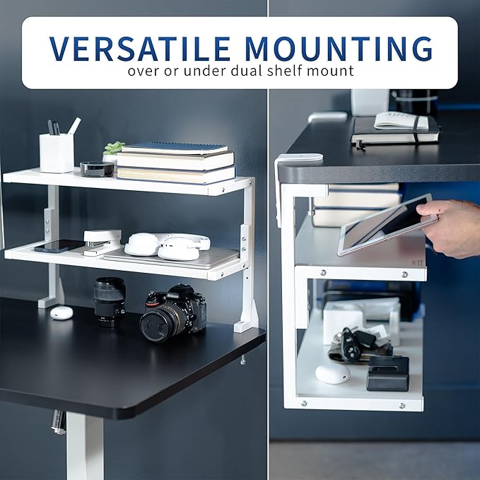 VIVO Clamp-on 24 inch Above or Below Desk 2-Tier Shelving Unit for Table Accessories, Gaming Devices, and More, Storage Tray, Desktop Organizer, White, STAND-SHELF24C-W