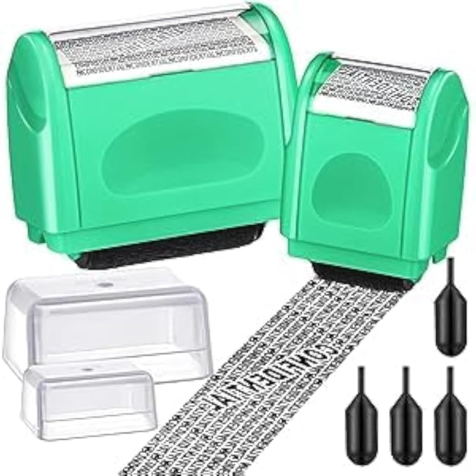 Nezyo 2 Pack Identity Protection Roller Stamp Identity Theft, Confidential, Privacy Roller Stamp Information Blocker and 4 Pack Refill Ink for ID Account Data Address Security(Mint)