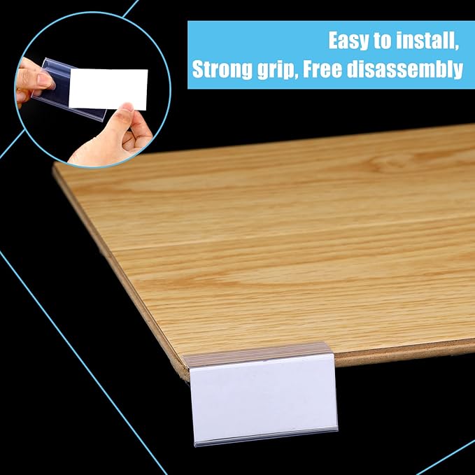 Qunclay 200 Pcs Shelf Label Holder Glass Wood 1.25 x 3 Inches Clear Plastic Clip on Labels Shelf Tags for Wire Shelving 0.15'' to 0.4'' Shelves Sign Price Tags