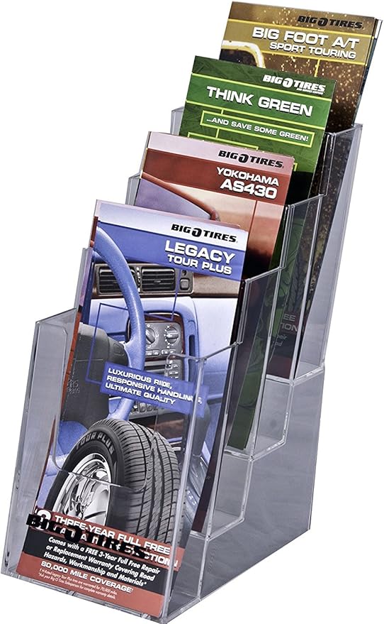 Clear-Ad - LHF-S104 - Acrylic Slant Back 4 Tier Trifold Brochure Display - Plastic Literature Holder for Flyers, Booklets, Bills, Mail, Letters, Cards, Pamphlets, Maps (Pack of 4)