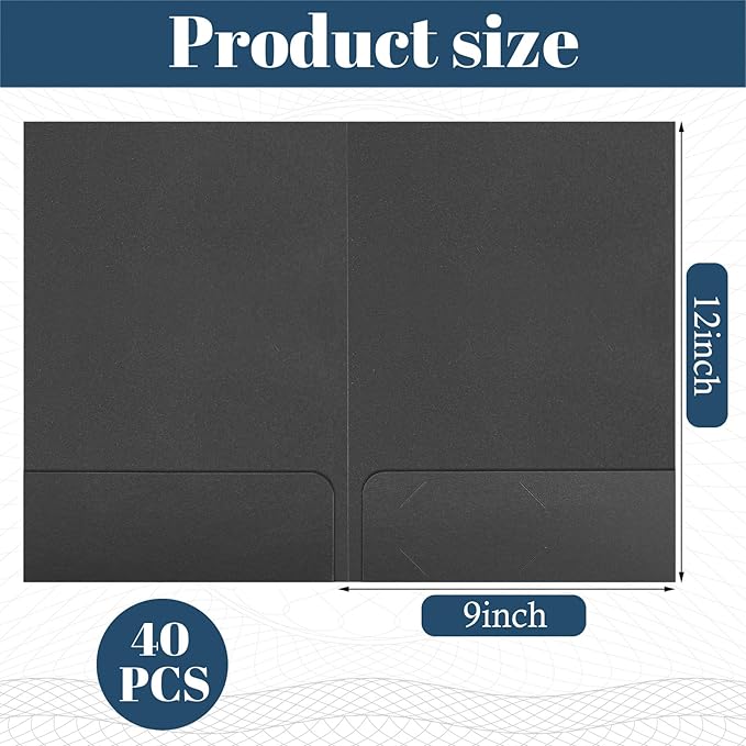 Harloon 40 Pcs Tax Return Folders 12 x 9 Inches 2 Pocket Folders Bulk Gold Foil Stamped Heavyweight Folder, Holds 8 x 11 Inches Letter Size Paper(Black,Cardboard)