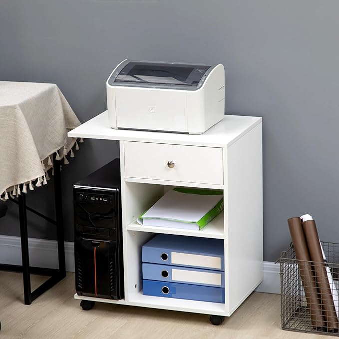 Zateety Mobile Printer Stand, Rolling File Cabinet Cart with Wheels, Adjustable Shelf, Drawer and CPU Stand, White
