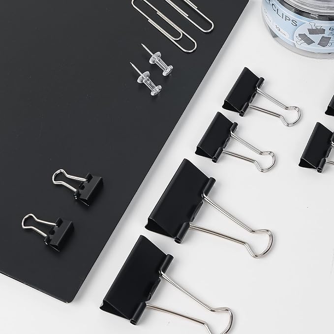 WORPSON 408 PCS Binder Clips Paper Clamps Assorted Sizes and Push Pins, Binding Paperwork Clamp Bulk, School Teachers Office Supplies (Black)