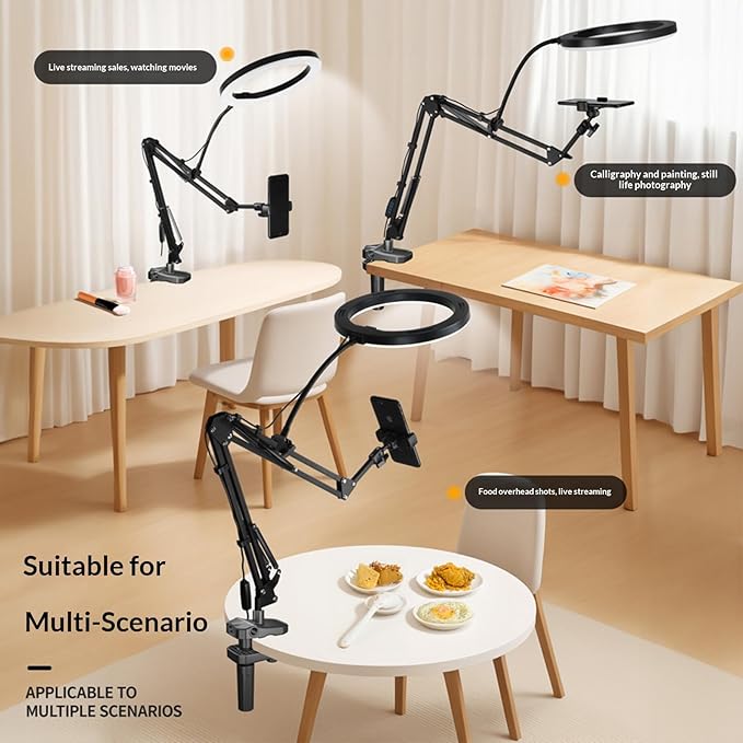 Overhead Camera Mount and Phone Holder with 10” Ring Light Adjustable Desk Tripod Stand Compatible with Logitech Webcam for YouTube, Live Streaming, TikTok, Cooking, Nail Video & Zoom Meetings