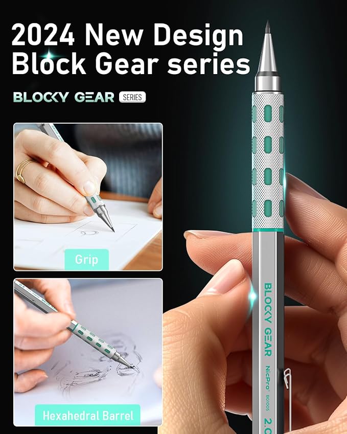Nicpro Blocky Gear 2.0 mm Mechanical Pencils Set in Case, Metal Pencil with 6 Tubes 2mm Lead Refill (HB 2B 2H 4B 4H & Colors) Sharpeners, Eraser for Professional & Adult Art Writing Drafting Drawing