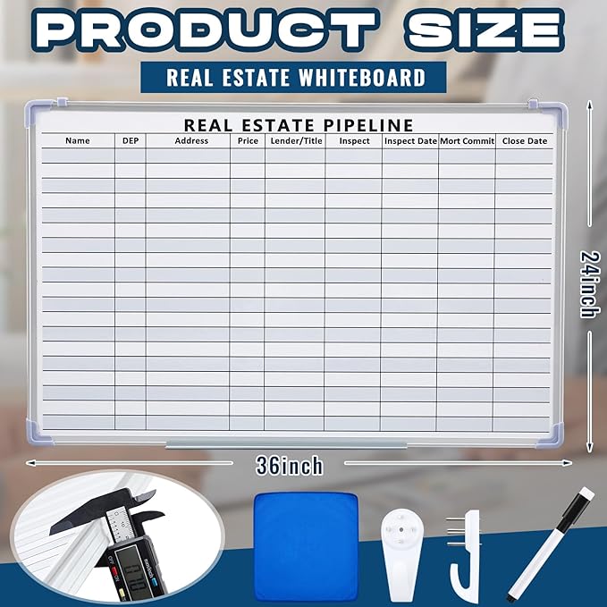 Lincia 36"x 24" Real Estate Whiteboard Lined White Board Dry Erase Real Estate Supplies Visual Transaction Tracking Whiteboard Erasable Surface Hanging Board with Sliding Tray for Wall