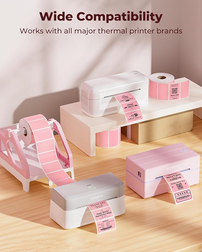 MUNBYN 2.25"x1.25" Thermal Sticker Labels, Pink Self-Adhesive Barcode Label Paper for Direct Thermal Printer and Business, Multi-Purpose Rectangle Address Shipping Mailing Stickers,1000 Sheets/Roll