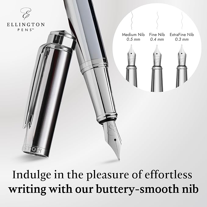 Ellington Pens Luxury Fountain Pen Set - Extra Fine Nib- Includes 3 Ink Cartridges, Refillable Ink Converter, Gift Box- Fountain Pens For Writing, Calligraphy, Journaling, Sketching (Silver Sonata)