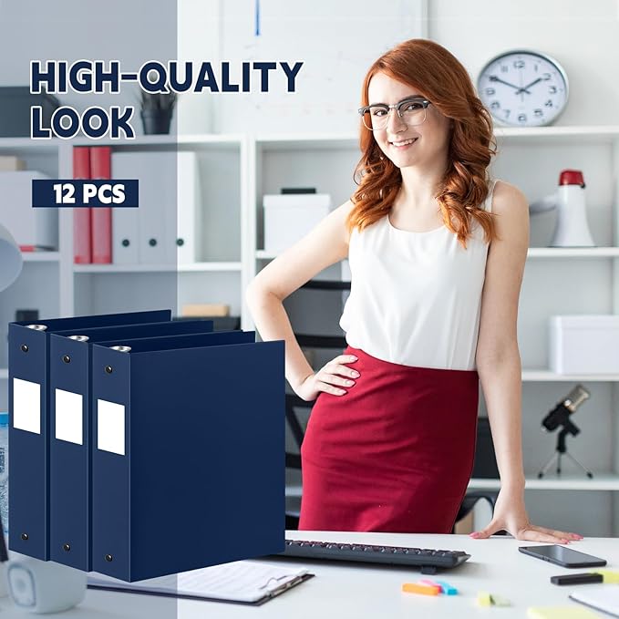 Henoyso 12 Pcs 3 Ring Binder 2 Inch Round Fits Letter Size 8.5'' x 11'' Paper Plastic Flexible Binder Bulk Holds 490 Sheets with 1 Pockets Versatile Organizer for Home Office School (Navy Blue)