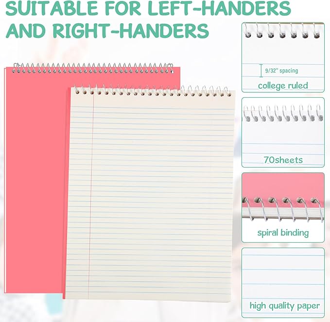 Maitys 6 Pcs Legal Pad Steno Spiral Notebook 8.5" x 11" Top Bound Spiral Pads Hard Cover College Ruled Notepad 70 Sheet Pad for School Office University Home(Cute Color,Iridescent Style)