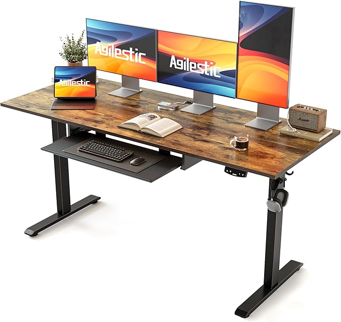 Agilestic Height Adjustable Desk with Keyboard Tray, 63 x 24 Inches Electric Standing Desk, Stand up Computer Table with Memory Preset, Modern Lift Motorized Gaming Workstation, Rustic Brown