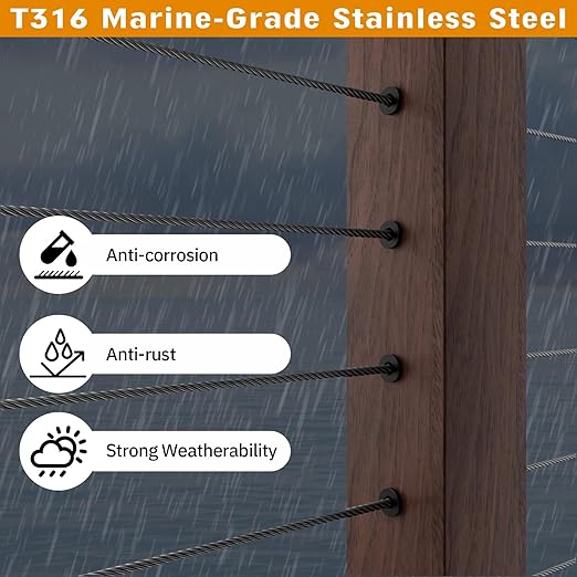 CELYND Cable Railing Protector Sleeves - 50 Pack T316 Stainless Steel Protective Sleeves - 1/8" 3/16" 5/32" Black Deck Cable Railing Hardware Kit for Wood Posts