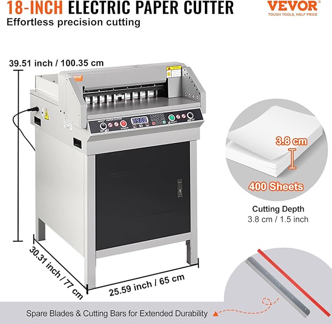 VEVOR Electric Hydraulic Paper Cutter, Heavy Duty Paper Cutter Machine, 1.57 in / 40 mm Cutting Thickness, 18 in / 457.2 mm Cutting Width, Industrial Paper Trimmer with Button Control