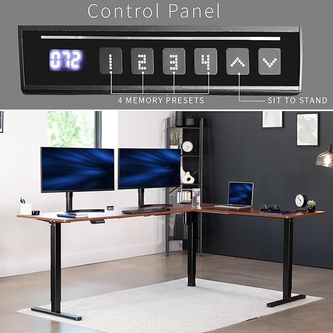 VIVO Electric Corner 84 x 63 inch L-Shaped Standing Desk, Memory Height Adjustment, Dark Walnut Top Black Frame, DESK-E3CTBD-84