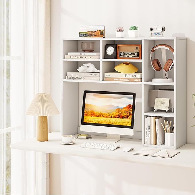 Tangkula Desktop Bookshelf, 37" Countertop Storage Hutch with 7 Cubes & 3 Adjustable Shelves, 3-Tier Desk Display Rack Organizer, Multipurpose Wood Desktop Hutch for Dorm Home Office (White)