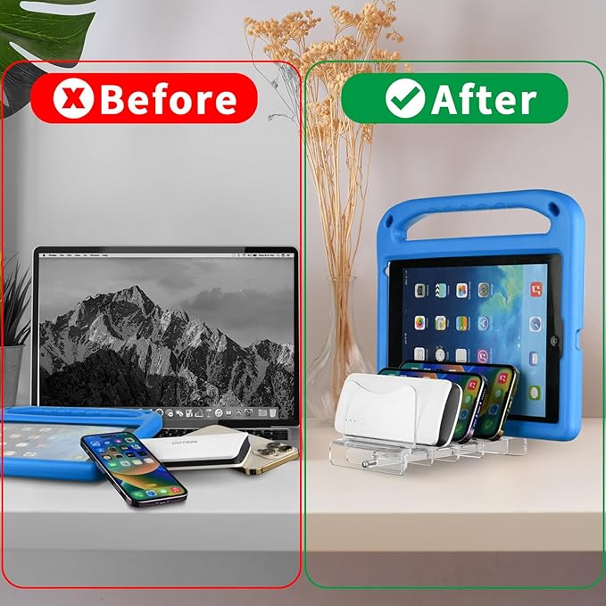 CaSZLUTION Acrylic Multi Device Organizer Stand Base for Portable Charger Power Banks, 4 Slots Desktop Storage Holder Compatible with USB Battery Pack, Phones and Tablets (Stand Only) - Clear
