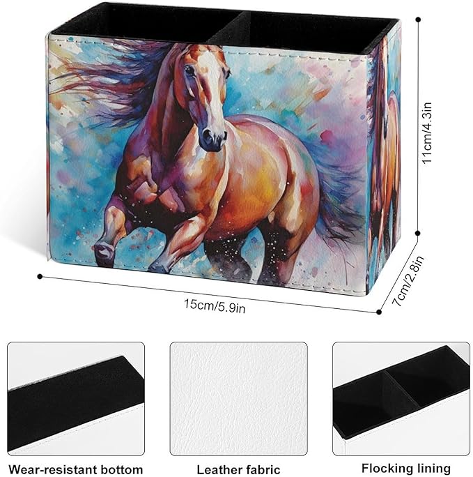 Famame Watercolor Horse Colorful Animal Pencil Holder for Desk, Leather Desktop Container Pen Cup Storage Study Table Pen Organizer Makeup Brushes Holder for Office Home